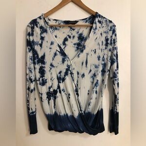 Rock & Republic Top Women's Size XS Tie-Dye Faux Wrap Long Sleeve Blue White